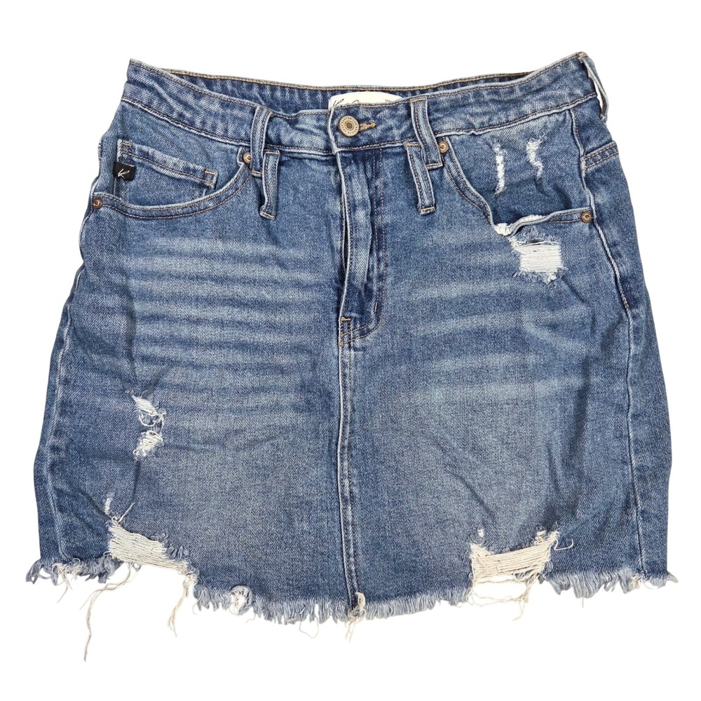 KanCan Maurices Distressed Denim Mini Skirt Medium Wash Raw Hem Size 28